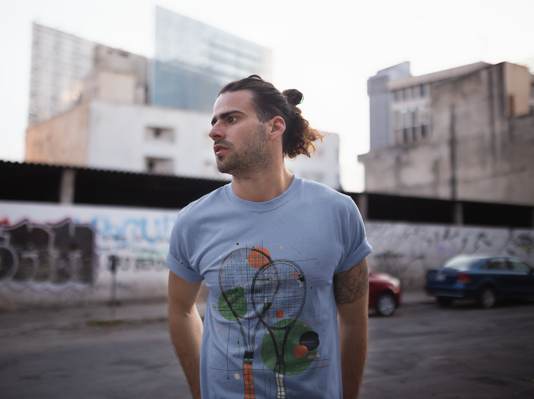 Camiseta Estonada Raquetes de Tênis – Arte Abstrata e Estilo Vintage
