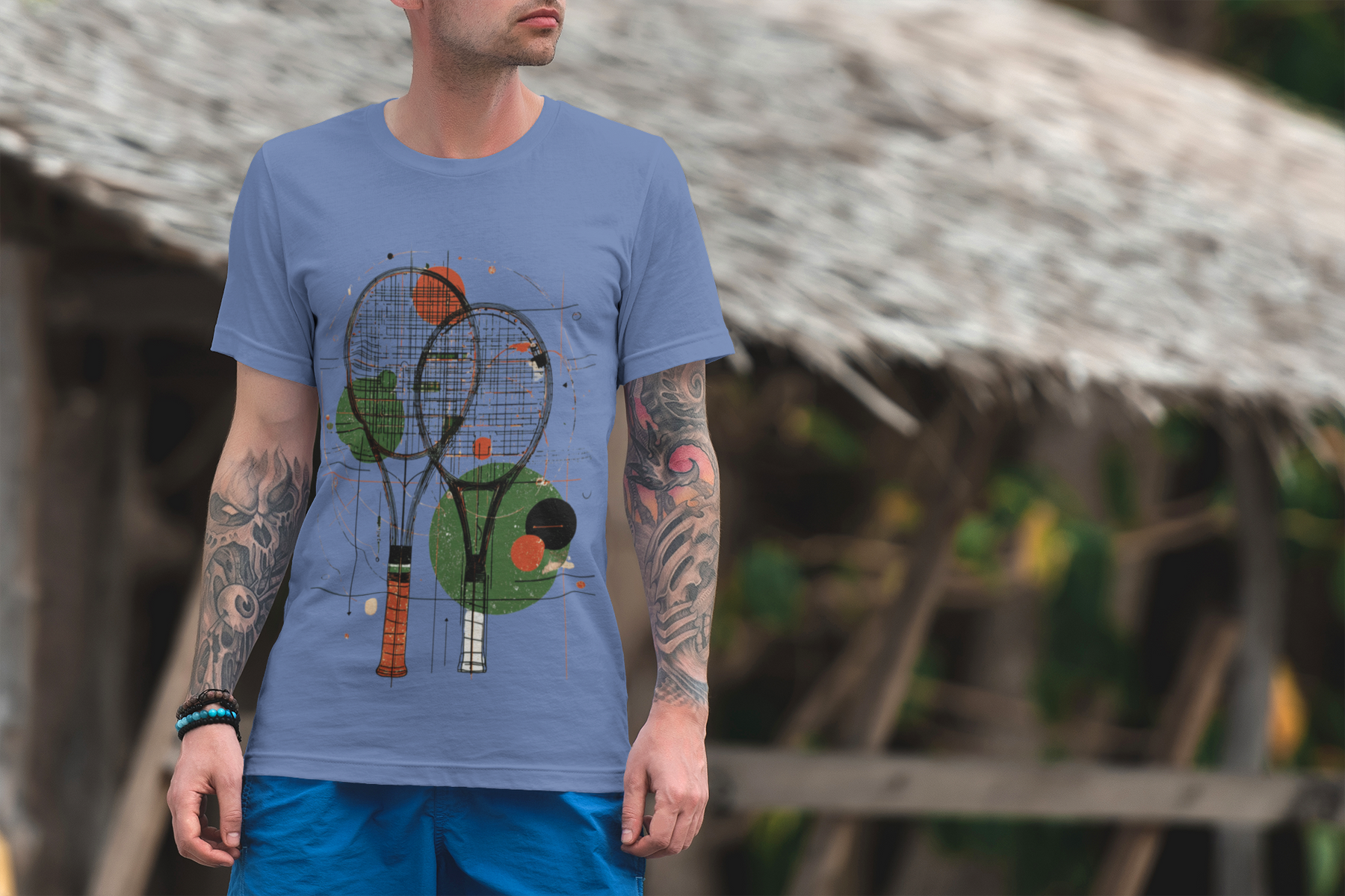 Camiseta Estonada Raquetes de Tênis – Arte Abstrata e Estilo Vintage
