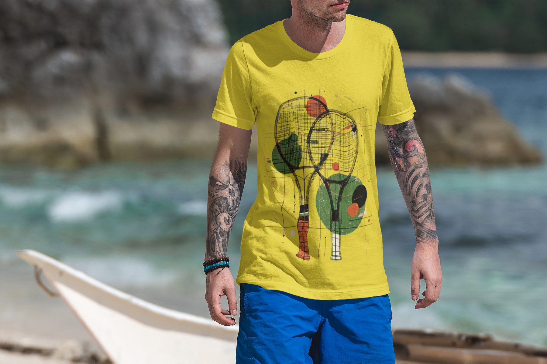 Camiseta Estonada Raquetes de Tênis – Arte Abstrata e Estilo Vintage