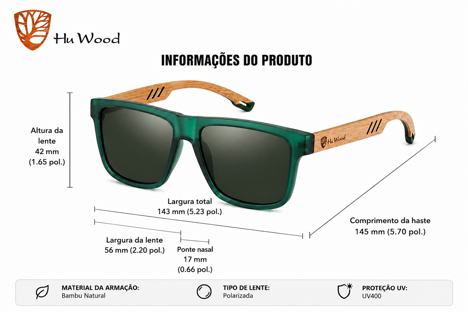 Óculos de Sol Hu Wood Verde e Madeira - foto 4