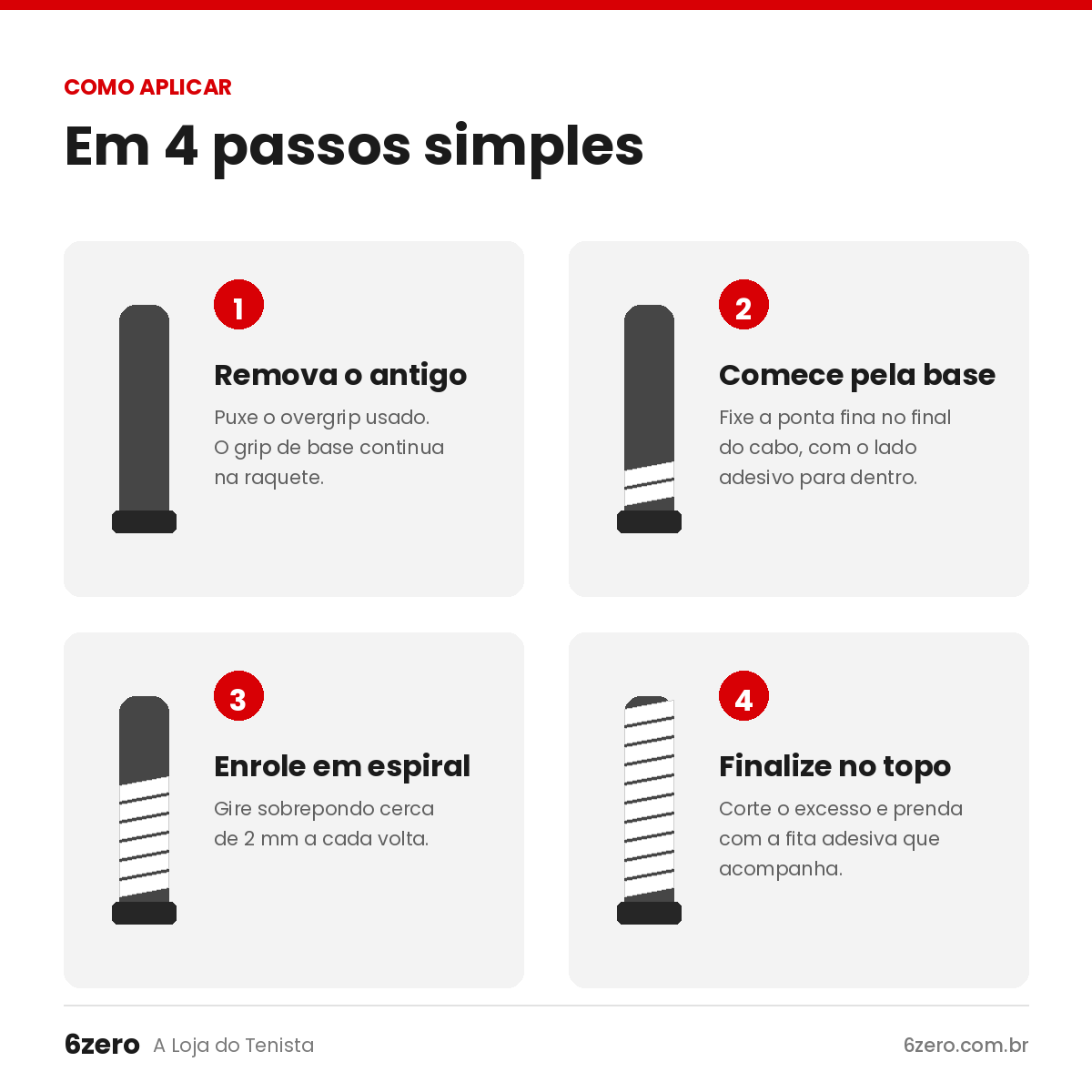 Como aplicar o overgrip em 4 passos: remova o antigo, comece pela base do cabo, enrole em espiral e finalize no topo
