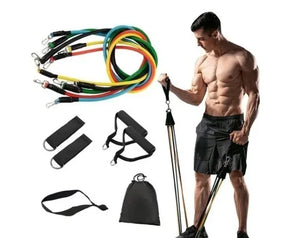 Kit Extensores Elásticos 11 Peças: Treino Completo Corpo, Yoga e Pilates